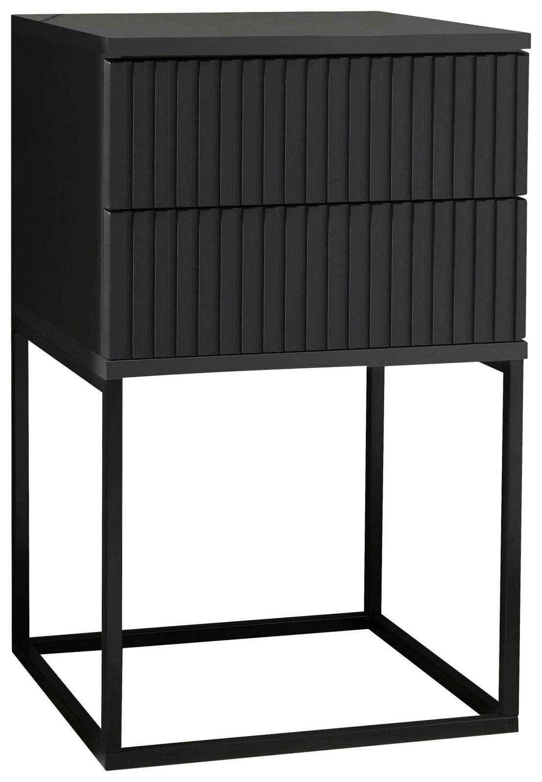 Moderne schwarze Nachtkommode mit zwei Schubladen und einem Metallrahmen, seitliche Perspektive