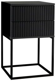 Moderne schwarze Nachtkommode mit zwei Schubladen und einem Metallrahmen, seitliche Perspektive