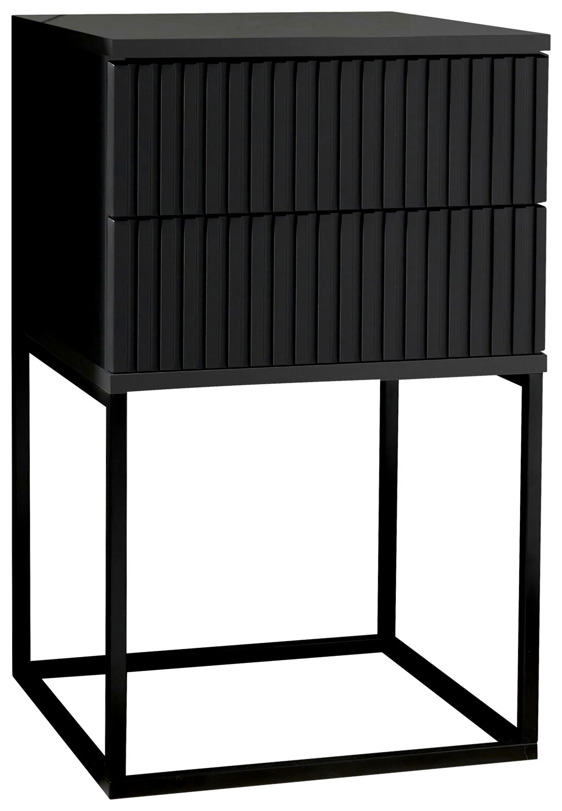 Moderne schwarze Nachtkommode mit zwei Schubladen und einem Metallrahmen, seitliche Perspektive