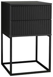 Moderne schwarze Nachtkommode mit zwei Schubladen und einem Metallrahmen, seitliche Perspektive