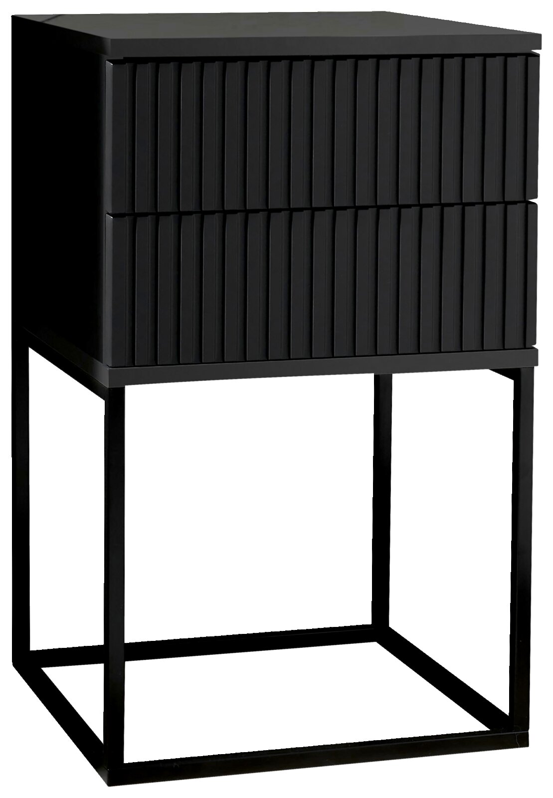 Z2 Nachtkommode MARLE Moderne schwarze Nachtkommode mit zwei Schubladen und einem Metallrahmen, seitliche Perspektive