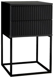 Moderne zwarte nachtkastje met twee lades en een metalen frame, gezien vanaf de zijkant