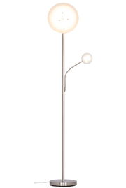 LED-Stehleuchte mit zwei runden Leuchtköpfen, einer großen und einer kleineren, in einer modernen, silbernen Metallausführung. Frontalansicht.
