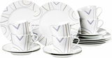 Kaffeeservice 18-tlg. mit modernem Grafikdesign, bestehend aus Tassen, Untertassen und Tellern, aus seitlicher Perspektive fotografiert.