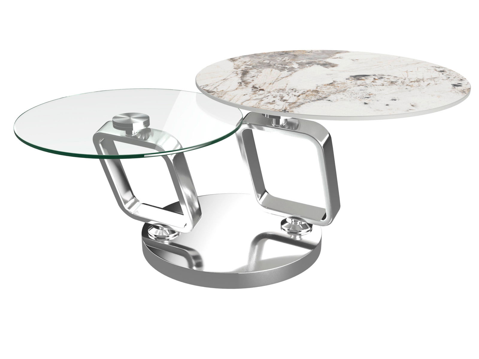 Moderner Couchtisch mit zwei runden Tischplatten, eine aus Glas und eine aus Marmor, auf einer verchromten Basis. Perspektive von schräg oben.