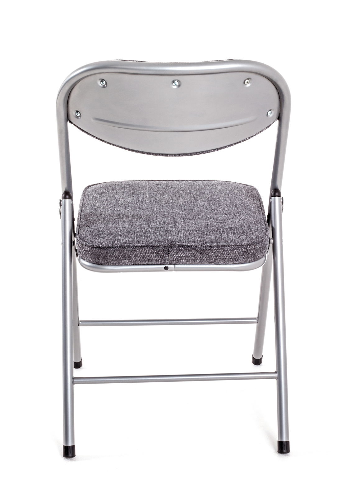Rückansicht eines grauen Klappstuhls mit gepolsterter Sitzfläche und Metallrahmen