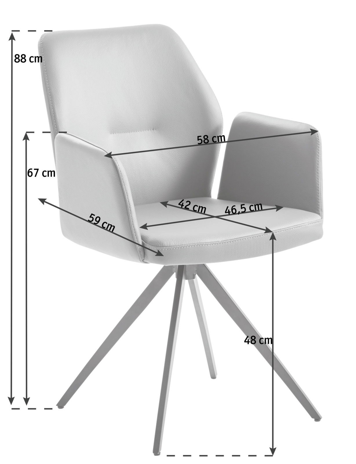 Moderner Sessel in Seitenansicht mit gepolstertem Sitz und Rückenlehne, Armlehnen und vier schrägen Metallbeinen.