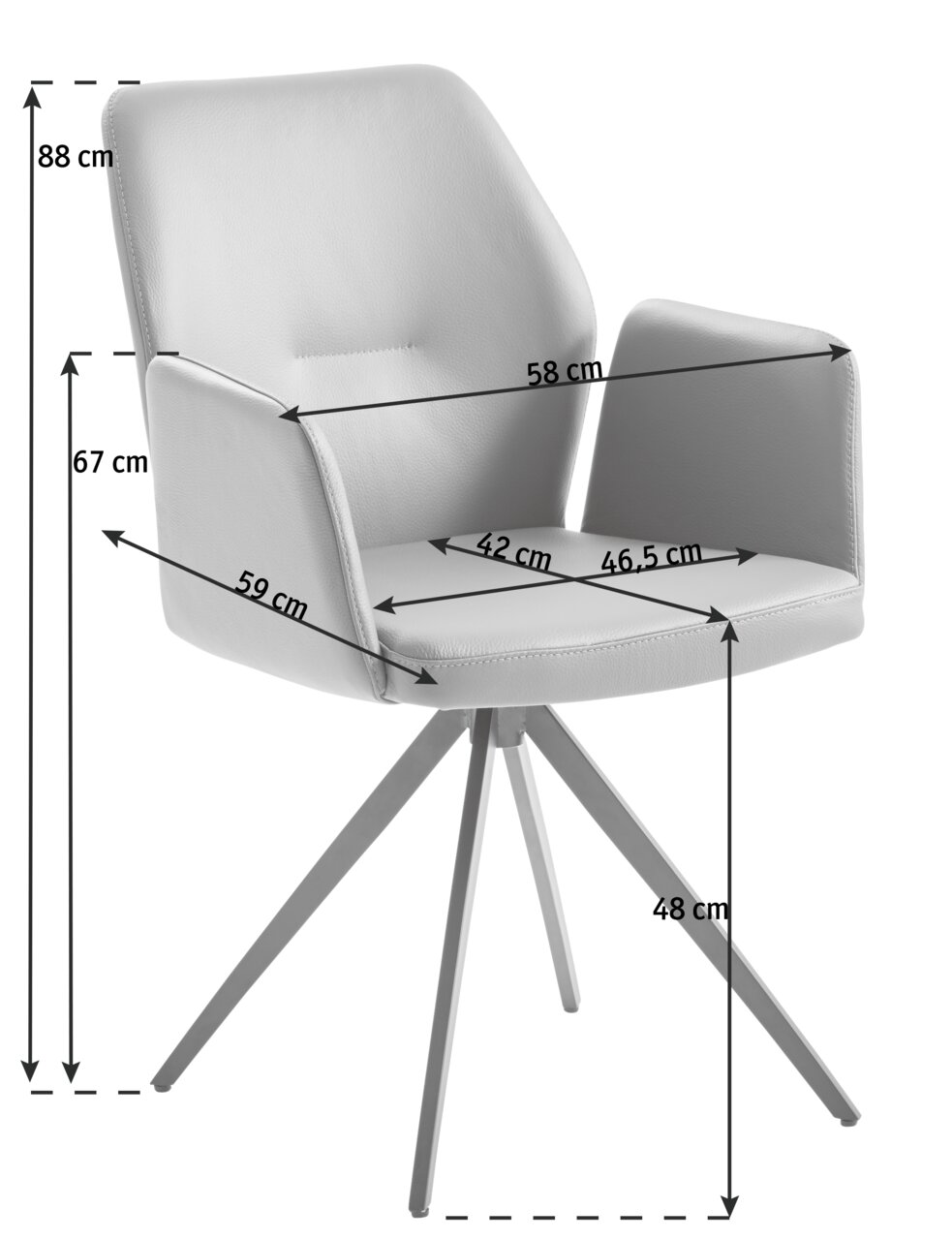 Moderne fauteuil in zijaanzicht met gestoffeerde zitting en rugleuning, armleuningen en vier schuine metalen poten.