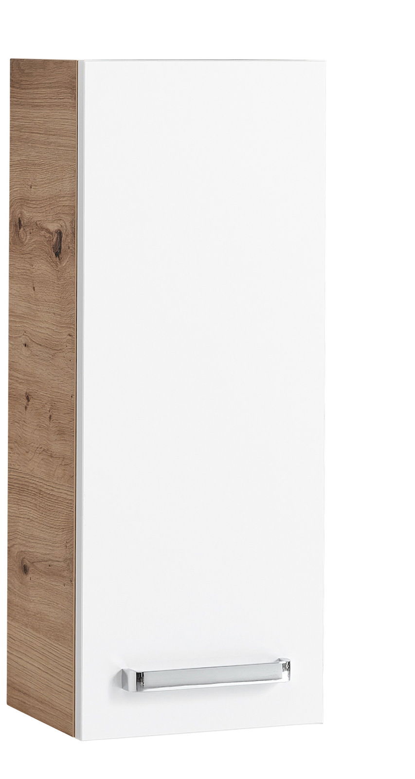 Moderner Wandschrank mit weißer Front und Holzseitenansicht, Perspektive von vorne links