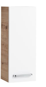 Moderner Wandschrank mit weißer Front und Holzseitenansicht, Perspektive von vorne links