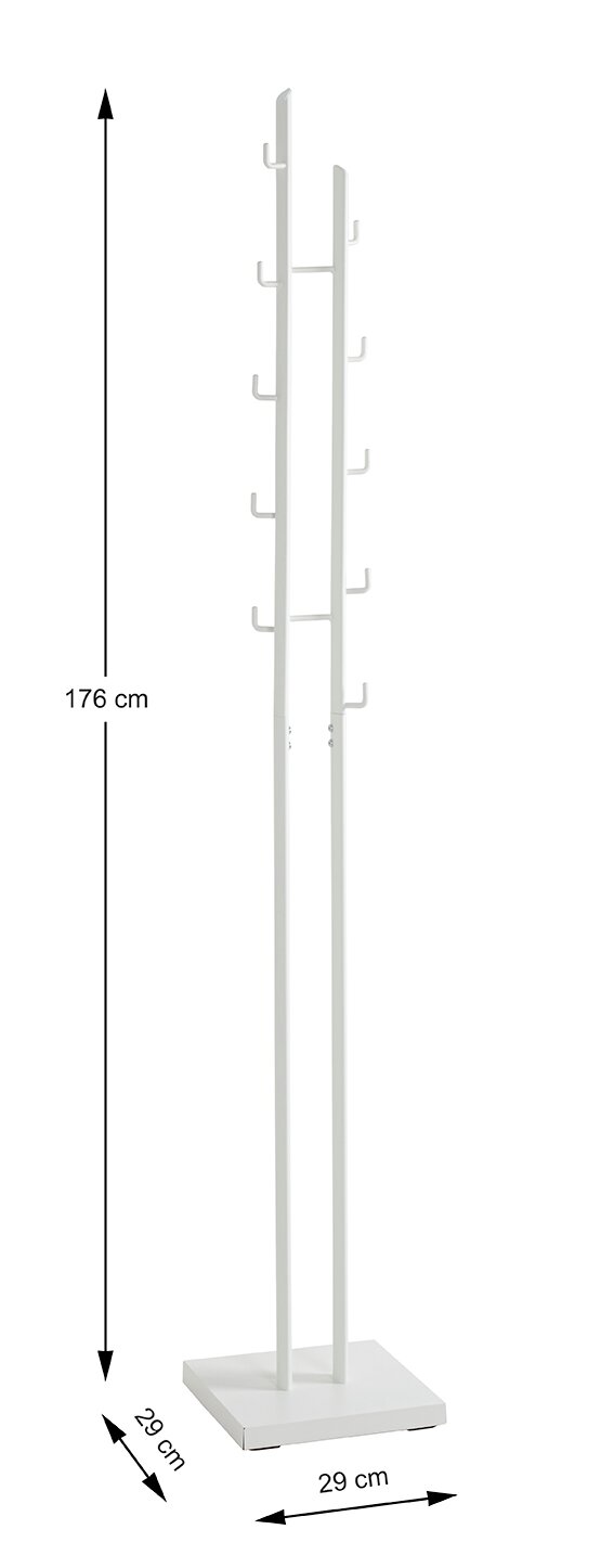 Weißer freistehender Kleiderständer/Garderobenständer aus Metall mit mehreren Haken an zwei vertikalen Stangen, quadratischer Standfuß 29 x 29 cm, Höhe 176 cm, frontale Produktansicht auf weißem Hintergrund.
