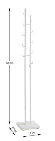 Weißer freistehender Kleiderständer/Garderobenständer aus Metall mit mehreren Haken an zwei vertikalen Stangen, quadratischer Standfuß 29 x 29 cm, Höhe 176 cm, frontale Produktansicht auf weißem Hintergrund.