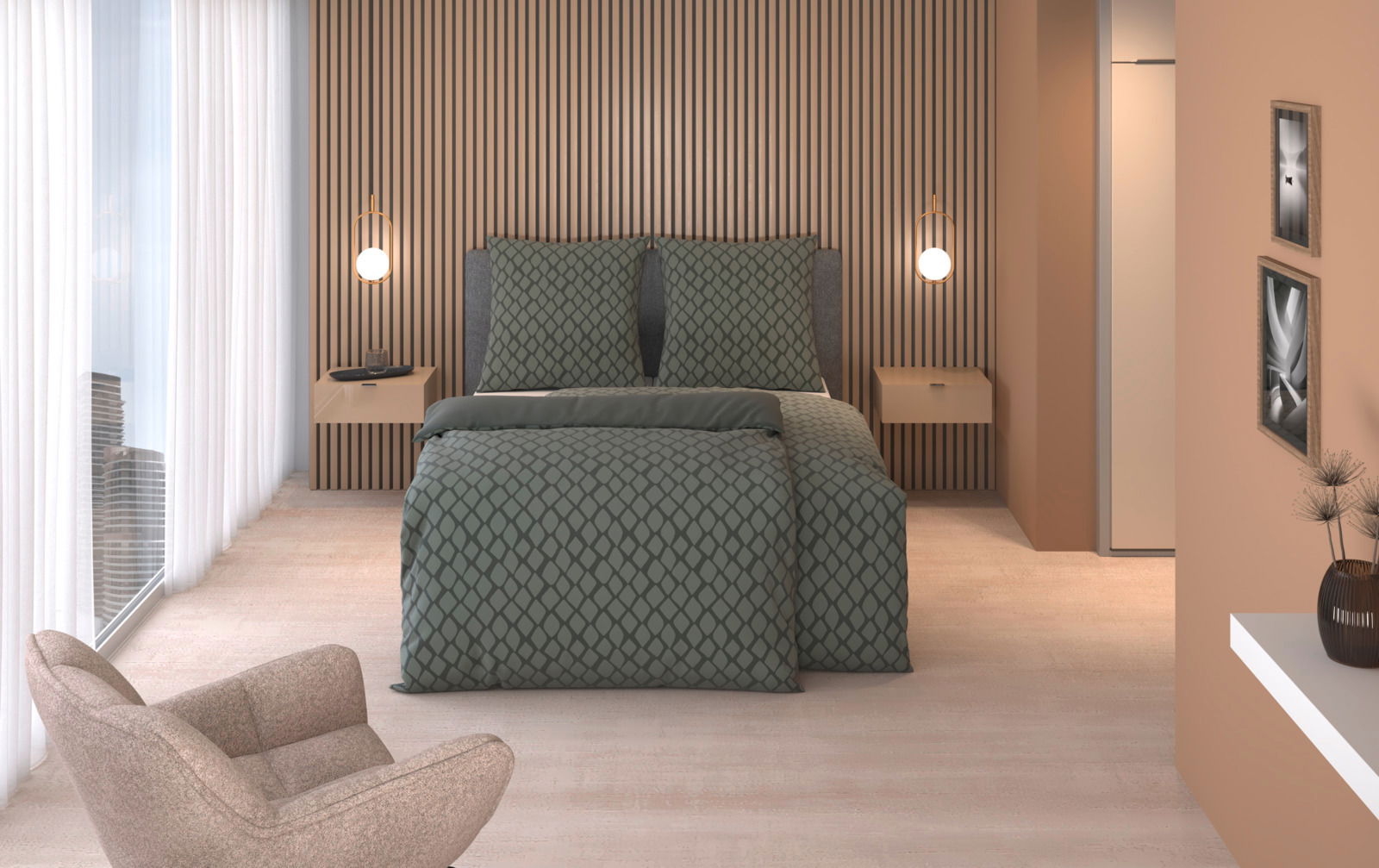 Schlafzimmer mit Wendebettwäsche in grünem Rautenmuster, frontal aufgenommen