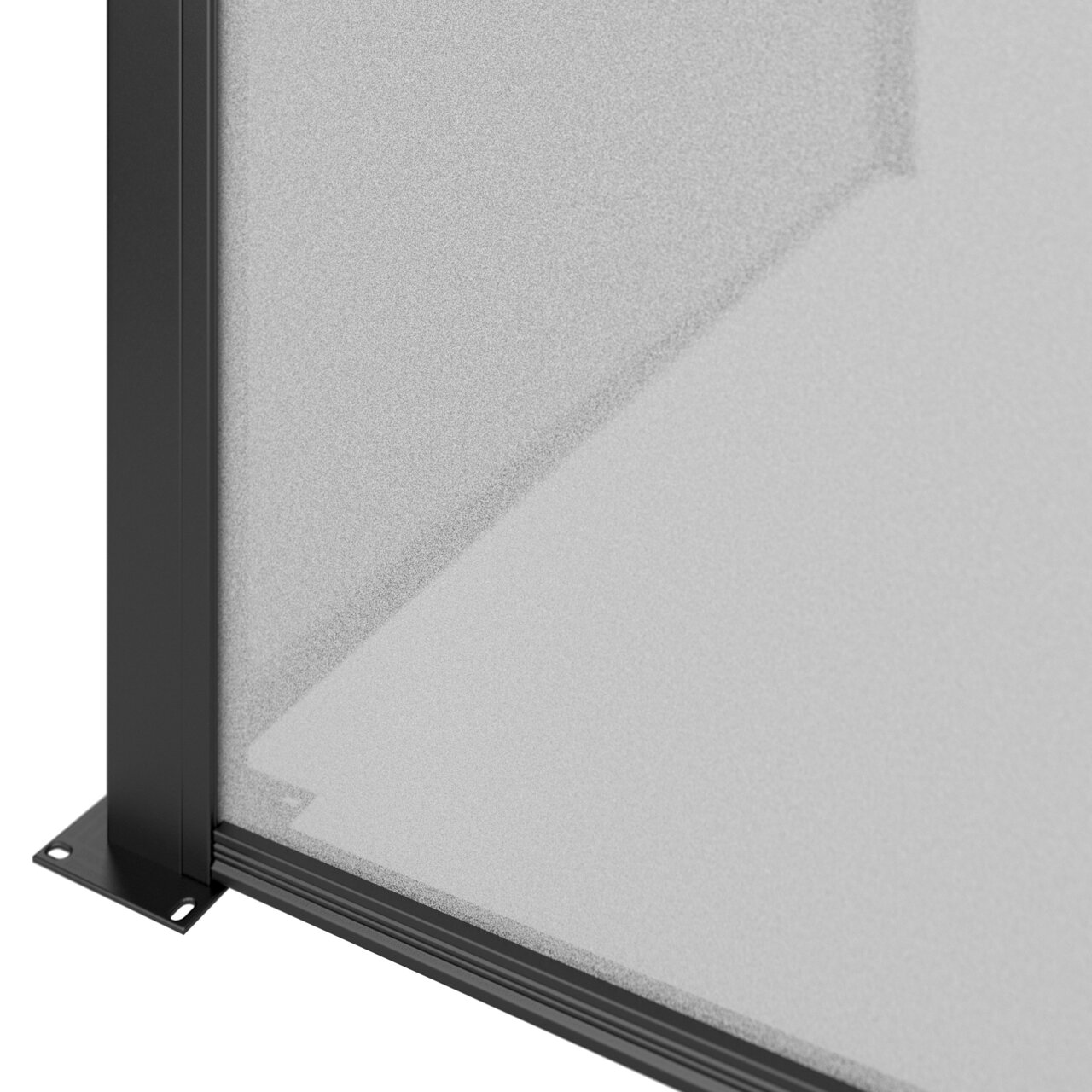 Nahaufnahme einer Pavillonwand mit grauer Textur und schwarzem Rahmen, seitliche Perspektive