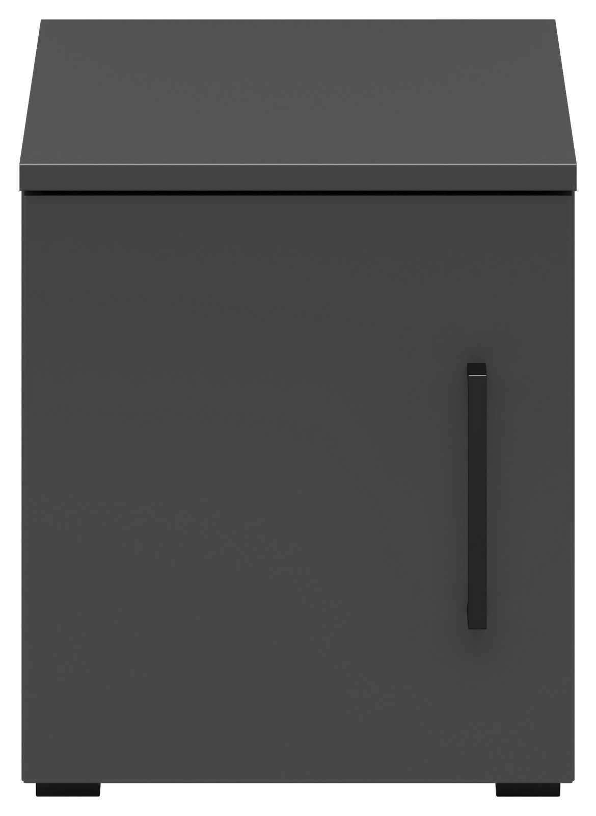 Frontansicht eines grauen Aufsatzschranks mit schwarzem Griff