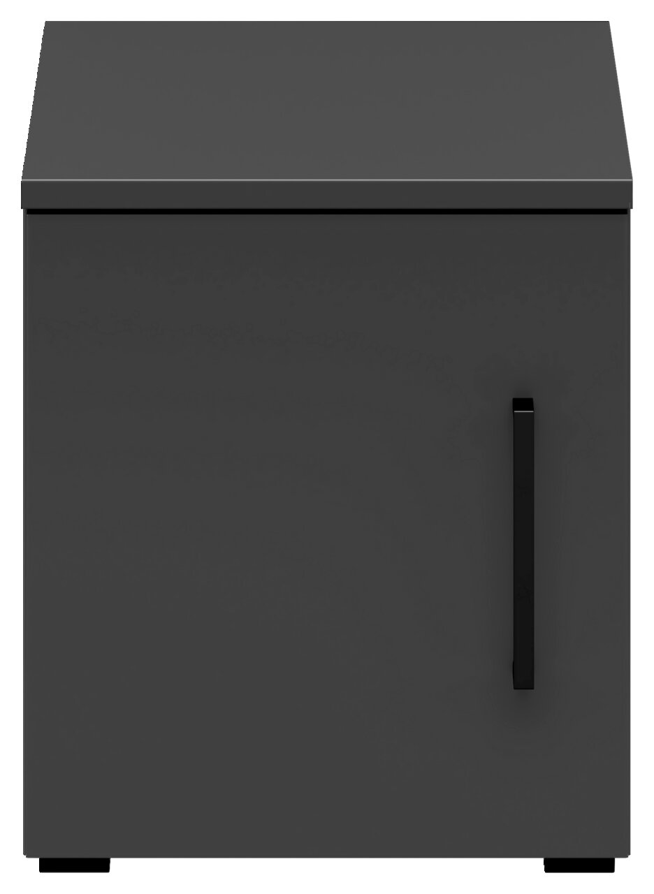 Frontansicht eines grauen Aufsatzschranks mit schwarzem Griff