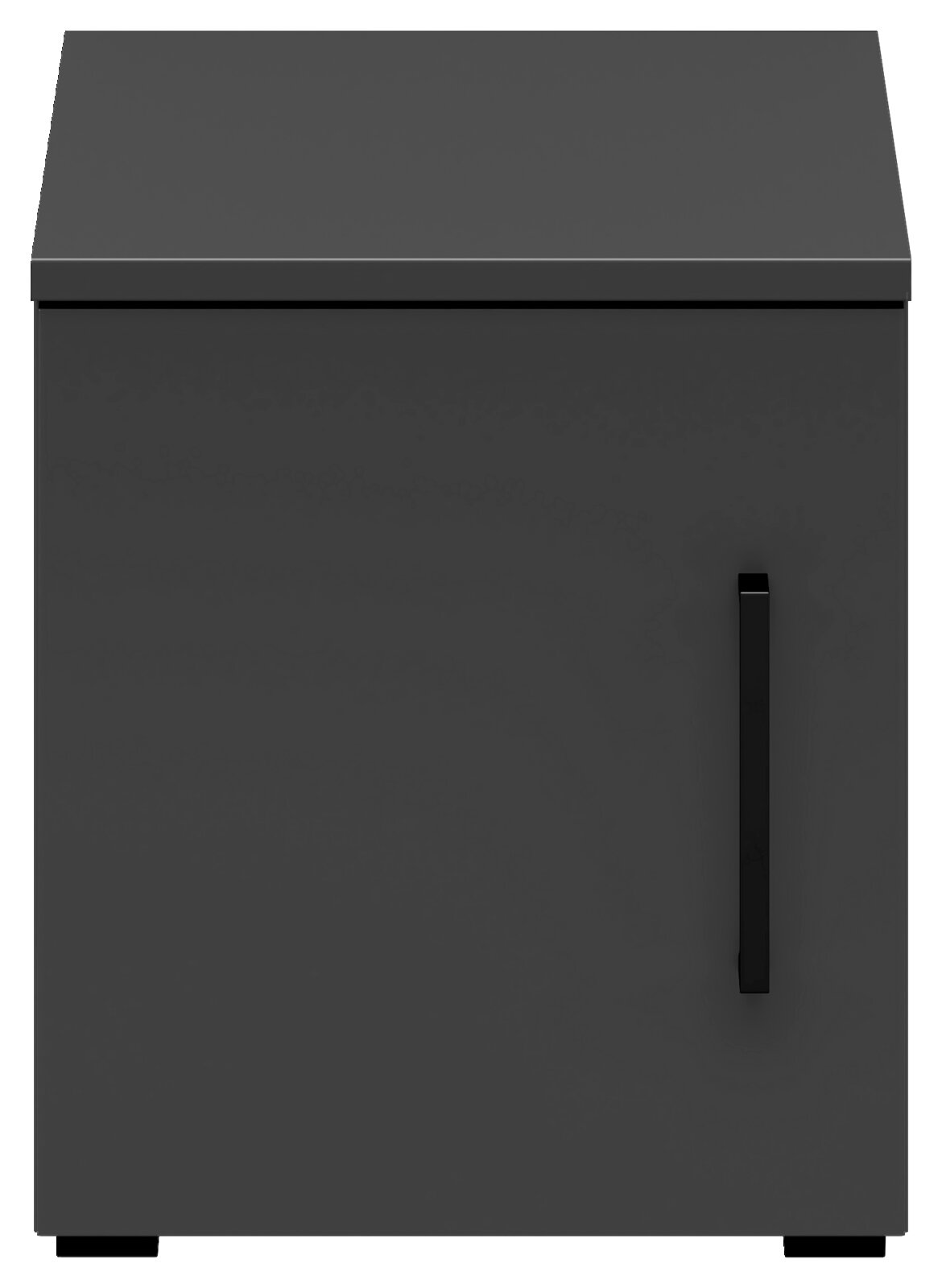 Frontansicht eines grauen Aufsatzschranks mit schwarzem Griff