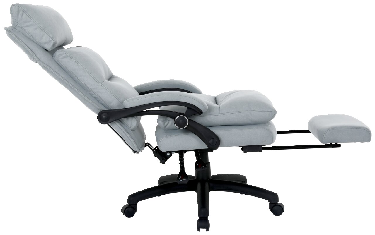 Seitliche Ansicht eines grauen Chefsessels mit verstellbarer Rückenlehne und ausziehbarer Fußstütze.