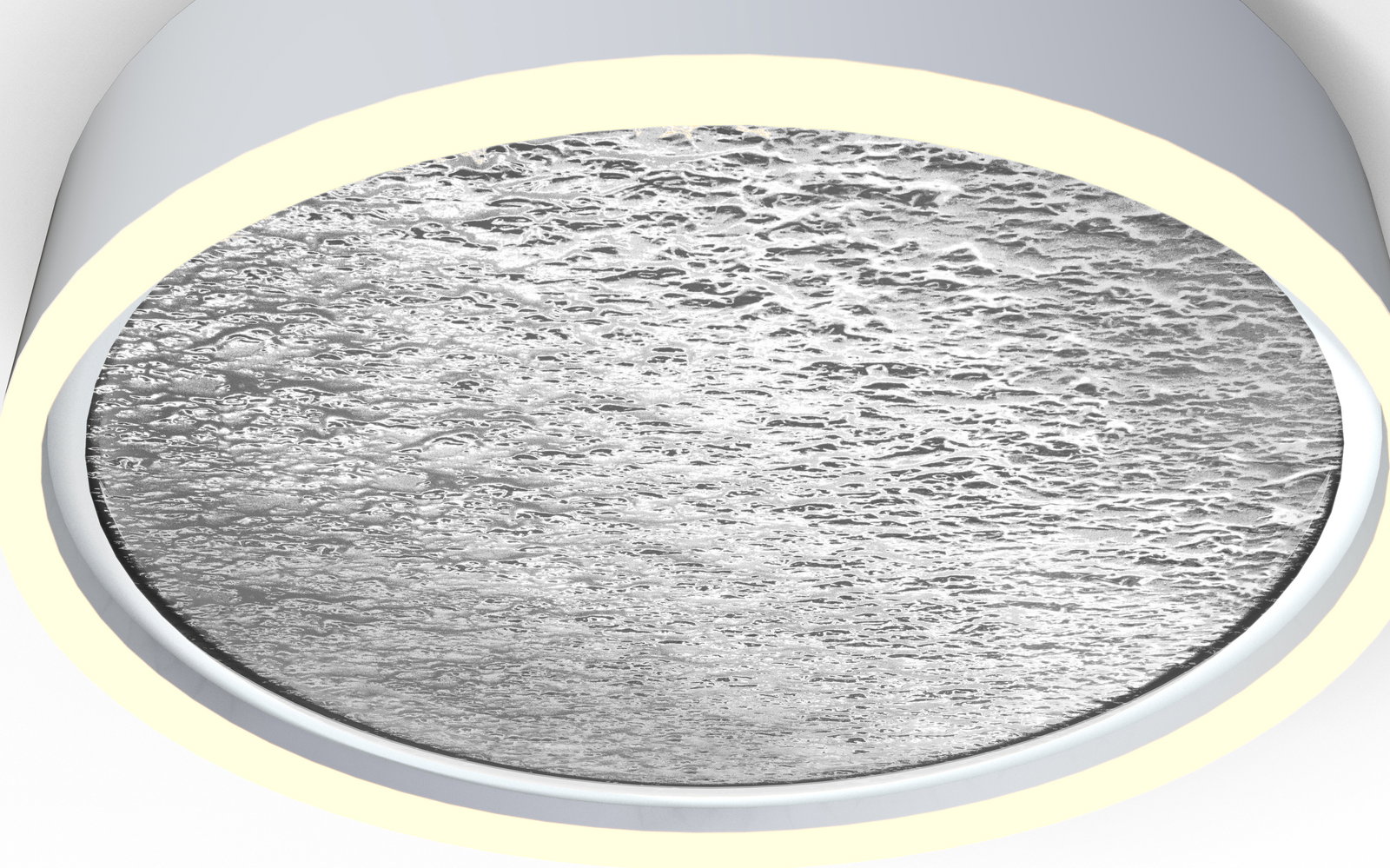 Nahaufnahme der WOFI Deckenleuchte BORDEAUX mit strukturiertem Glas und leuchtendem Rand, von unten betrachtet.