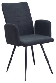 Moderner Armlehnstuhl in dunklem Stoffbezug, seitliche Perspektive