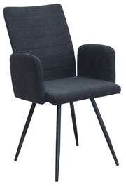 Moderner Armlehnstuhl in dunklem Stoffbezug, seitliche Perspektive