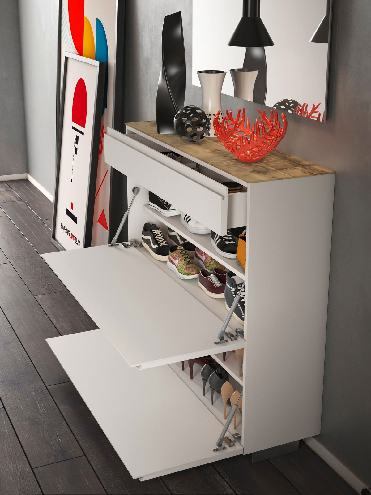 Moderner Hängeschuhschrank mit zwei Klappen und einer Schublade, gefüllt mit verschiedenen Schuhen, aus seitlicher Perspektive fotografiert.