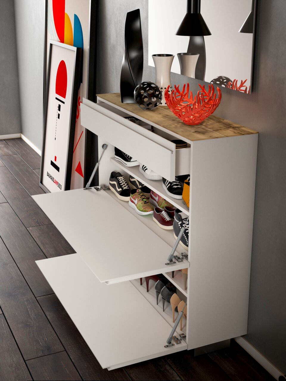 Moderner Hängeschuhschrank mit zwei Klappen und einer Schublade, gefüllt mit verschiedenen Schuhen, aus seitlicher Perspektive fotografiert.
