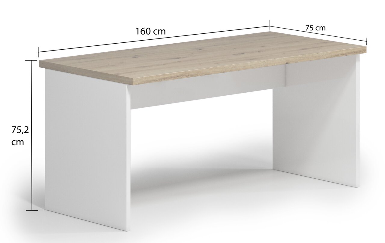 Moderner Wangenschreibtisch mit Holzplatte und weißen Seitenwangen, Maße 160 cm x 75 cm x 75,2 cm, seitliche Perspektive