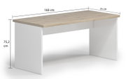 Moderner Wangenschreibtisch mit Holzplatte und weißen Seitenwangen, Maße 160 cm x 75 cm x 75,2 cm, seitliche Perspektive