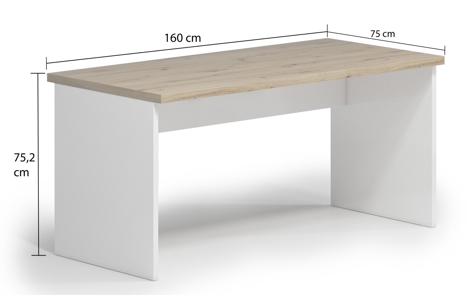 Modern bureau met houten blad en witte zijkanten, afmetingen 160 cm x 75 cm x 75,2 cm, zijaanzicht