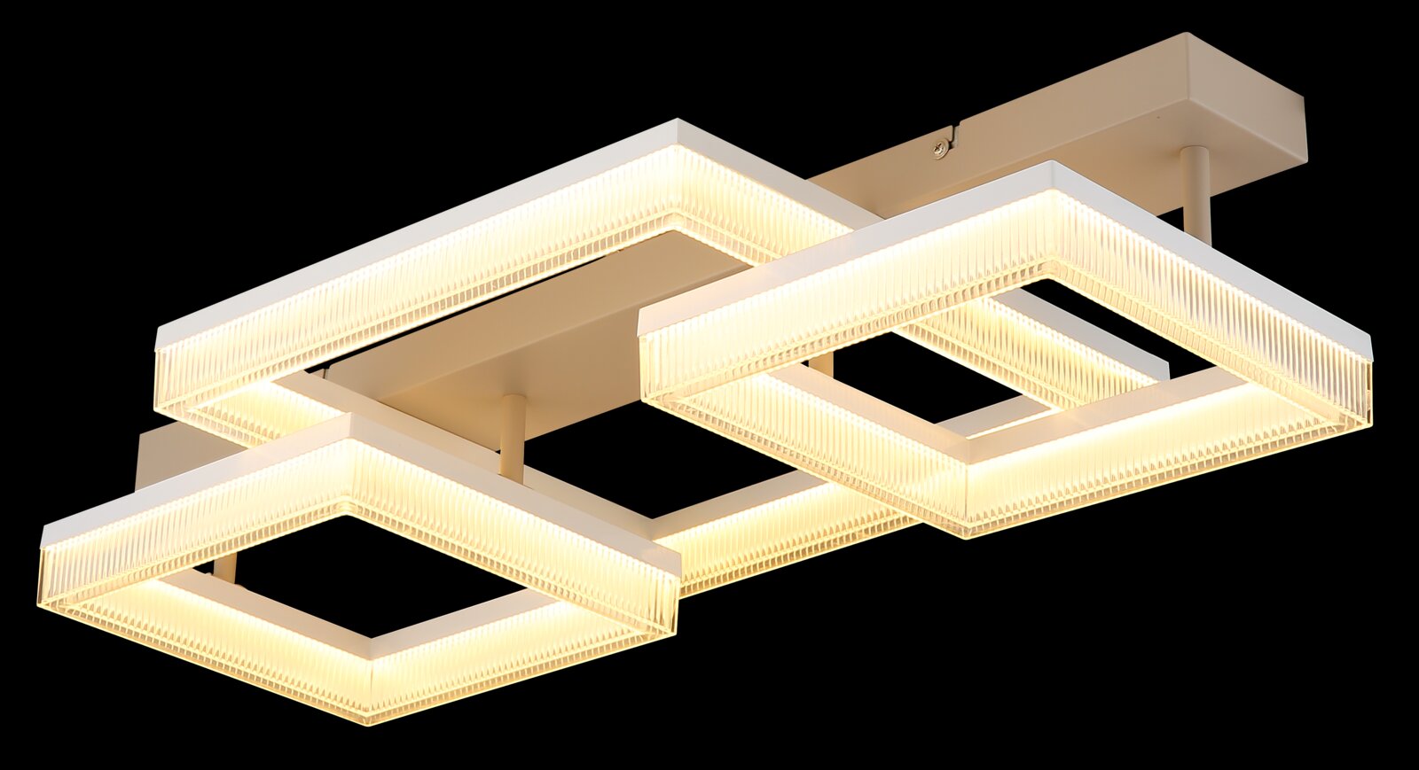 Moderne led-plafondlamp met drie rechthoekige, verlichte frames, zijaanzicht