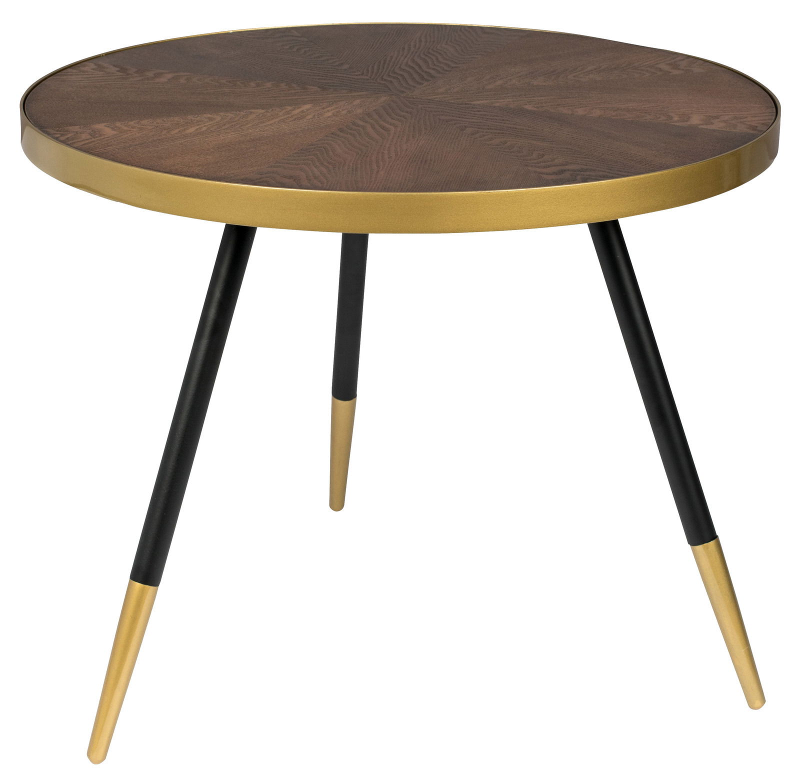 Z2 Couchtisch DENISE Runder Couchtisch mit dunkler Holzplatte und goldenen Akzenten, dreibeinig, seitliche Perspektive