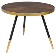 Runder Couchtisch mit dunkler Holzplatte und goldenen Akzenten, dreibeinig, seitliche Perspektive