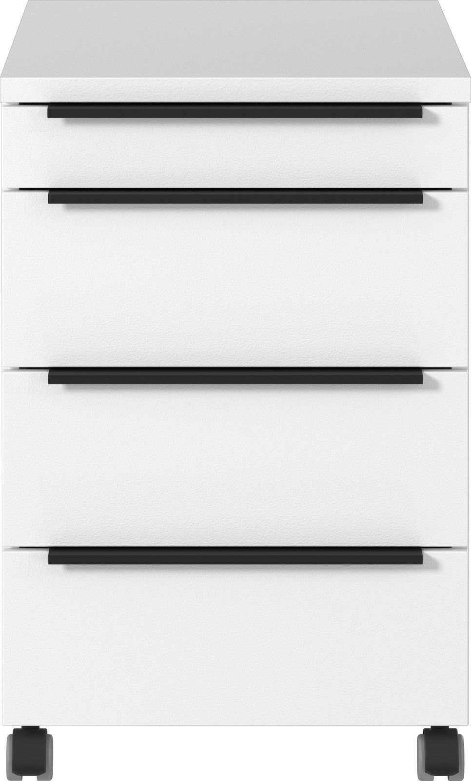 Weißer Rollcontainer mit vier Schubladen, schwarze Griffe, auf Rollen, Frontalansicht