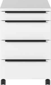 Weißer Rollcontainer mit vier Schubladen, schwarze Griffe, auf Rollen, Frontalansicht