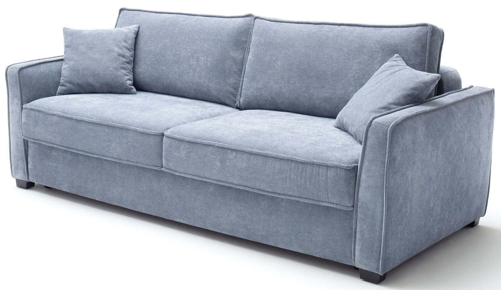 Graues Funktionssofa mit zwei Kissen, seitliche Perspektive