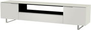 Modernes XL-TV-Lowboard in Weiß mit zwei Türen und einem offenen Fach, seitliche Perspektive