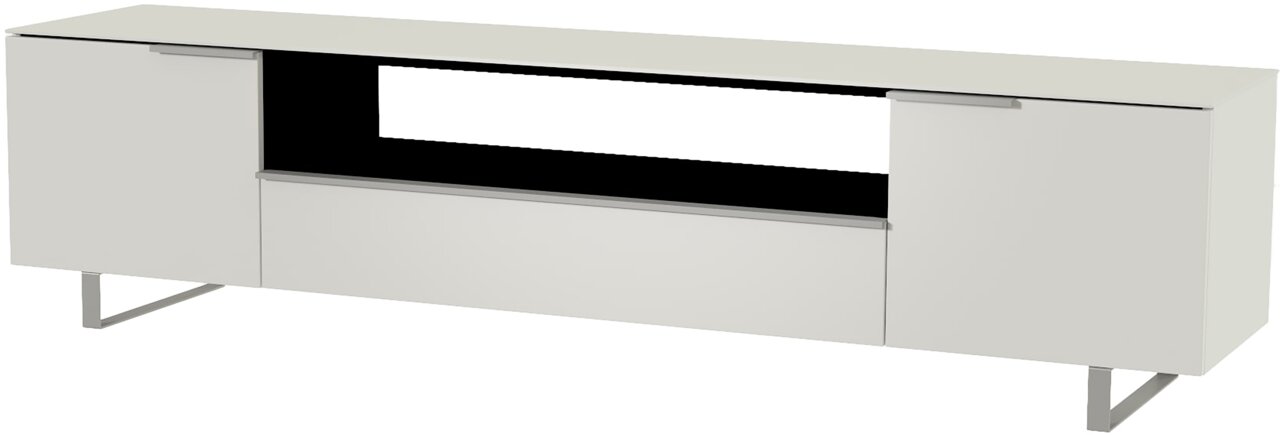 Modernes XL-TV-Lowboard in Weiß mit zwei Türen und einem offenen Fach, seitliche Perspektive