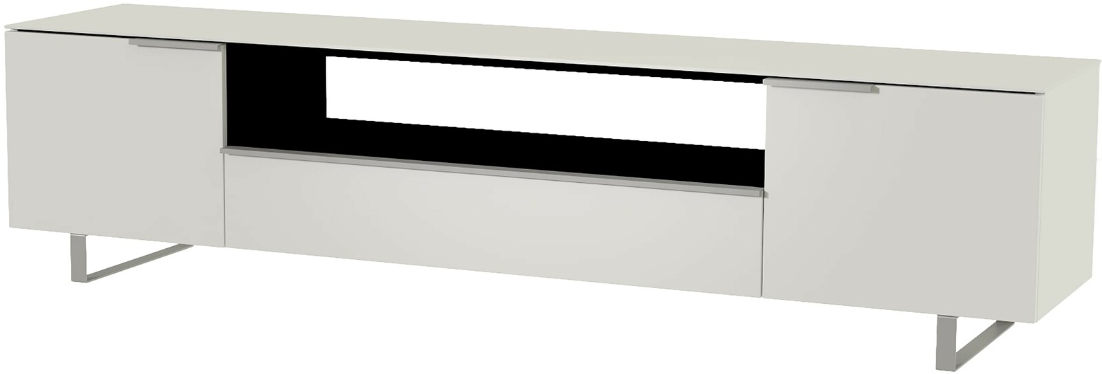 Modernes XL-TV-Lowboard in Weiß mit zwei Türen und einem offenen Fach, seitliche Perspektive