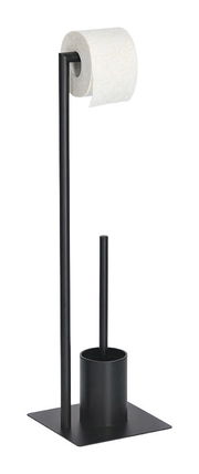 Schwarze WC-Garnitur mit Toilettenpapierhalter und Bürstenhalter, seitliche Perspektive