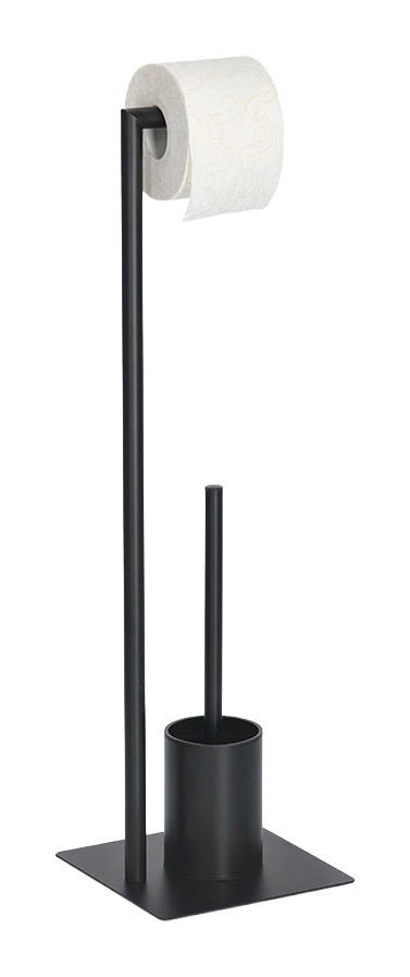 Schwarze WC-Garnitur mit Toilettenpapierhalter und Bürstenhalter, seitliche Perspektive