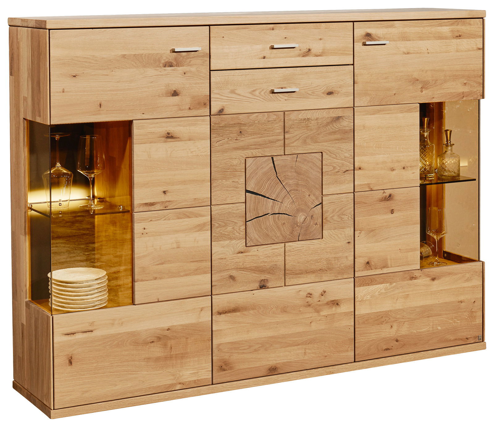 Hochwertiges Highboard aus Holz mit Glaseinsätzen und dekorativer Frontansicht, seitliche Perspektive