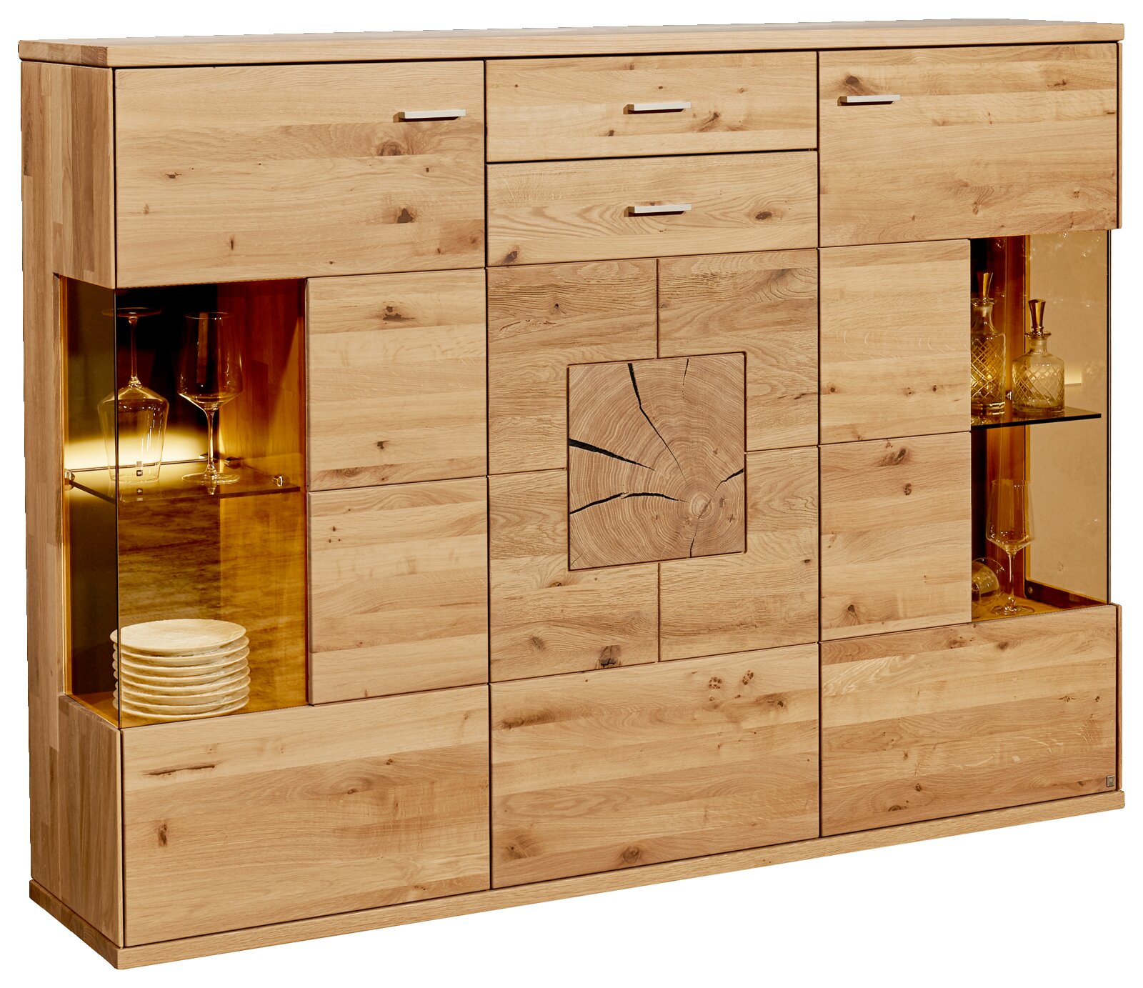 Musterring Highboard PORTLAND Hochwertiges Highboard aus Holz mit Glaseinsätzen und dekorativer Frontansicht, seitliche Perspektive
