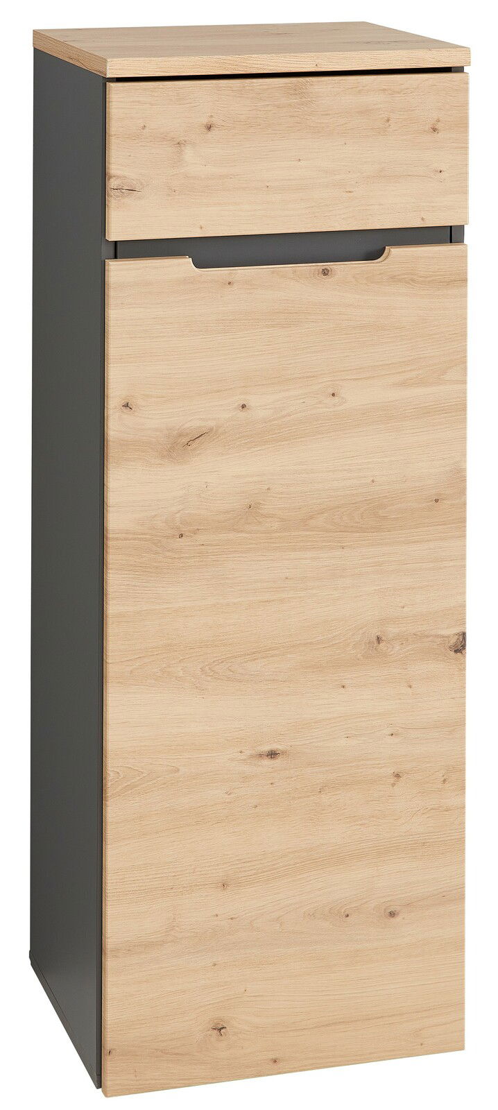 Aktenschrank in Holzoptik mit grauen Seiten, frontal fotografiert.