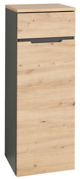 Aktenschrank in Holzoptik mit grauen Seiten, frontal fotografiert.