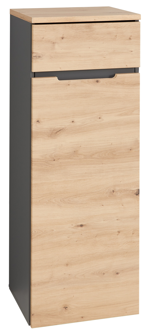 Aktenschrank in Holzoptik mit grauen Seiten, frontal fotografiert.