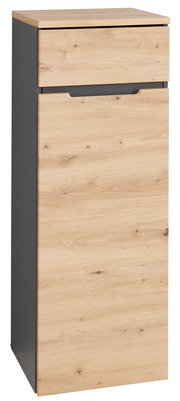 Aktenschrank in Holzoptik mit grauen Seiten, frontal fotografiert.