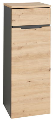 Aktenschrank in Holzoptik mit grauen Seiten, frontal fotografiert.