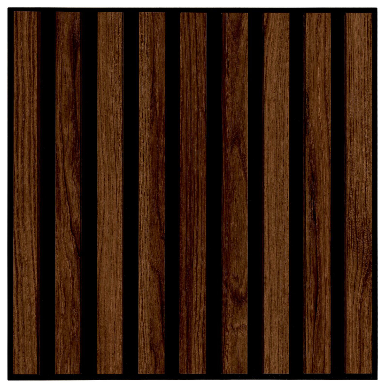 XORA Dekopaneel 6er-Set quadratisch LUND Dekoratives Paneel mit vertikalen Holzstreifen auf schwarzem Hintergrund, Ansicht von vorne