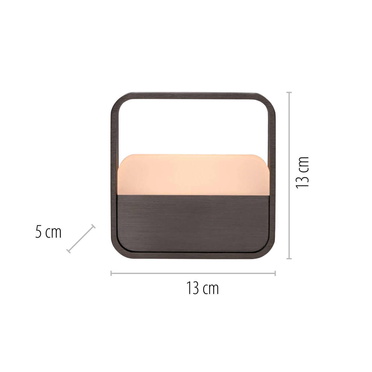 Frontansicht der Tischleuchte PURE Go mit quadratischem Design, 13 cm hoch und breit, 5 cm tief, in dunkler Farbe.